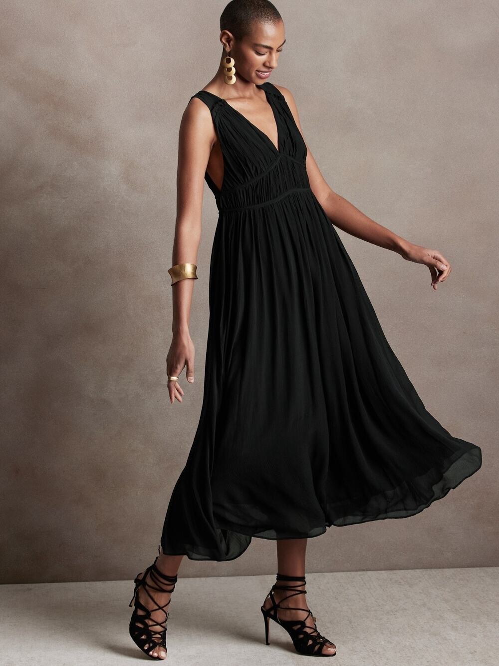 Banana Republic CRINKLE MIDI DRESS WITH SILK, BLACK SIZE MT M T #803331 X0917H